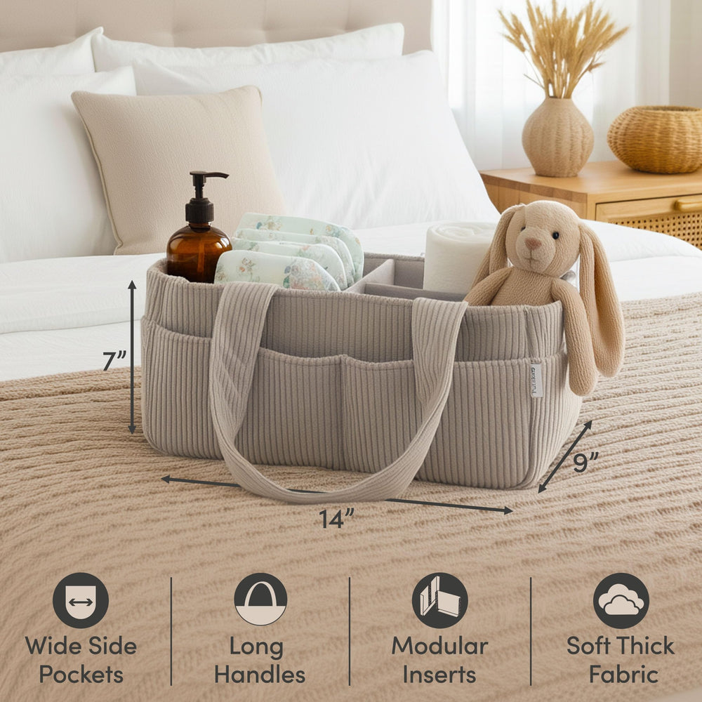 PUTSKA corduroy-material caddy adds durable, elegant nursery storage.