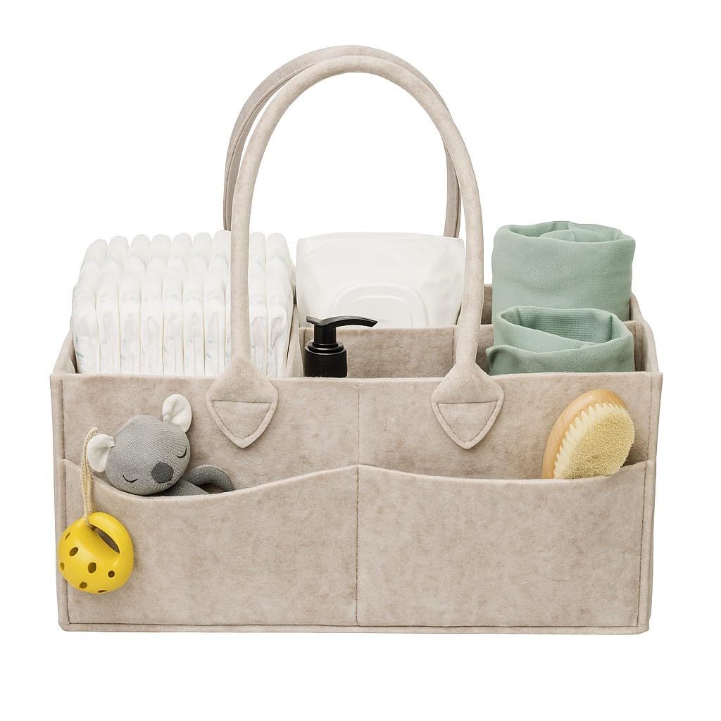 PUTSKA baby diaper caddy in dark mocha keeps diapers and wipes within easy reach