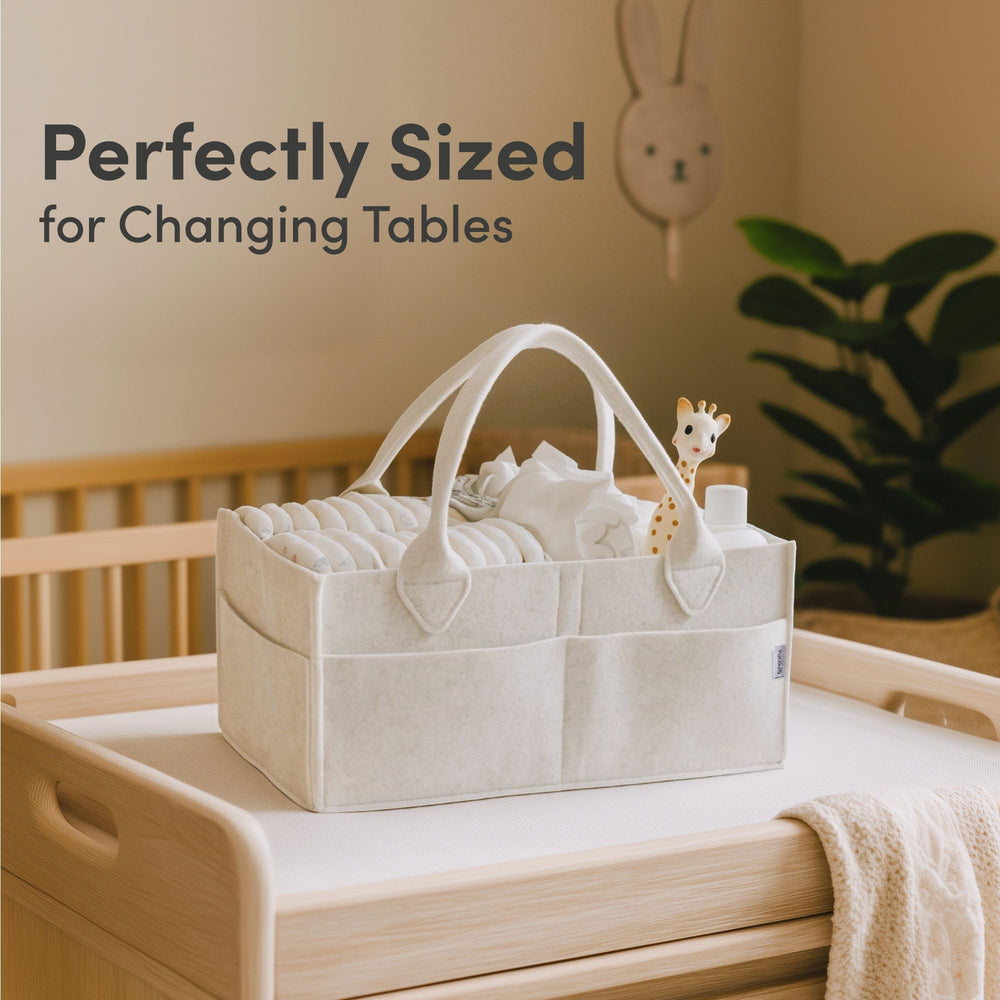 PUTSKA baby diaper caddy folded handle highlights portable design for travel.