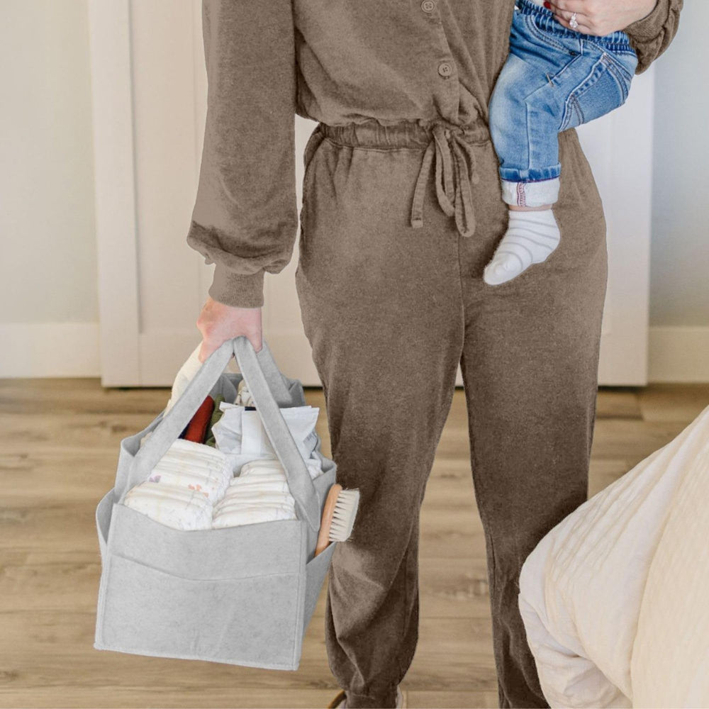 PUTSKA diaper caddy grey with removable dividers supports flexible nursery organization