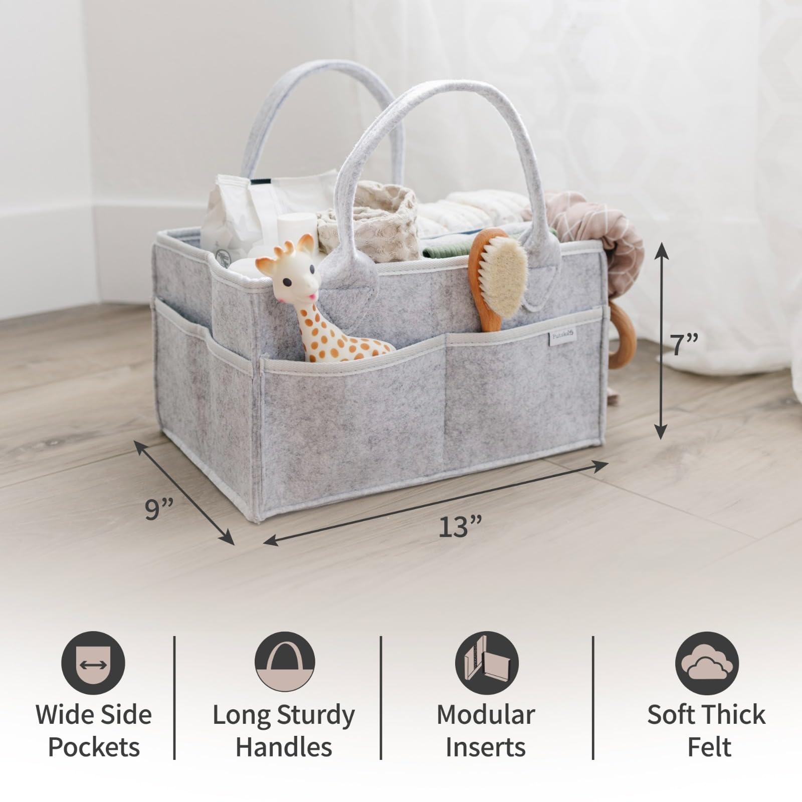 PUTSKA diaper caddy grey side with external pockets for organized on-the-go storage