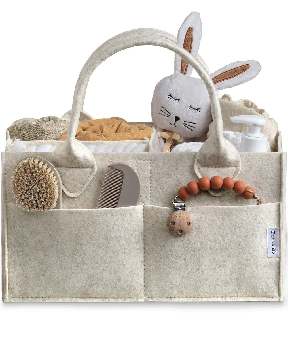 PUTSKA baby diaper caddy organizer front view with ample storage for essentials.
