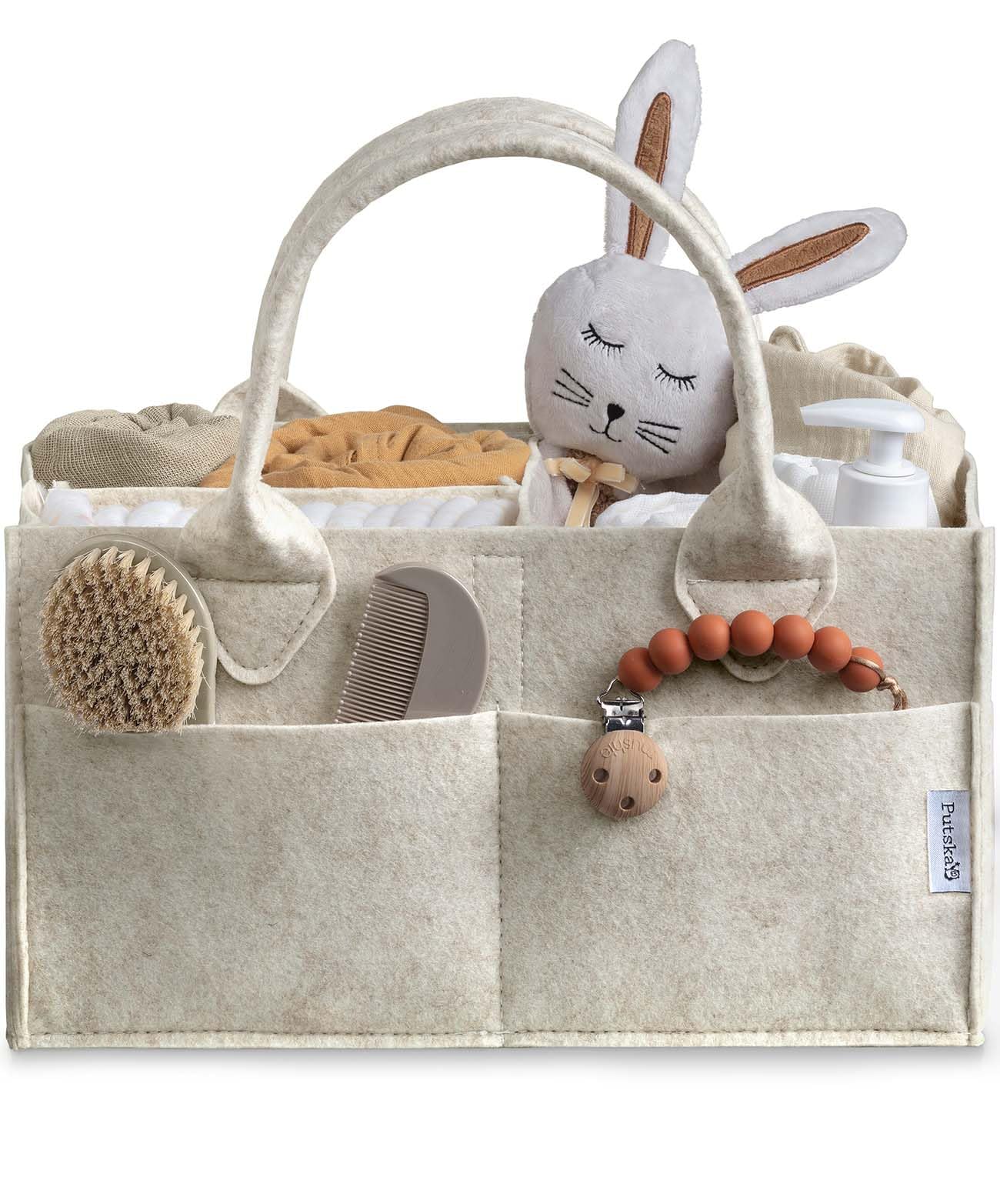 PUTSKA baby diaper caddy organizer in white keeps nursery essentials at hand.
