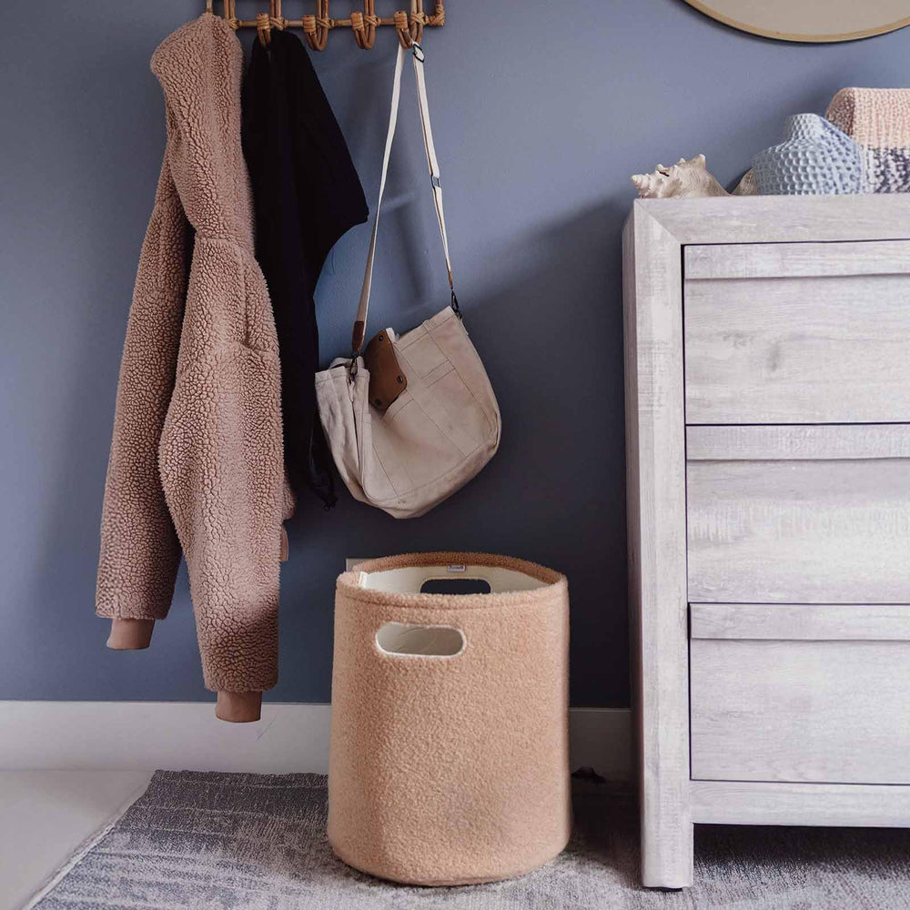 PUTSKA basket corduroy-texture-closeup emphasizes durable fabric and tidy storage aesthetics.