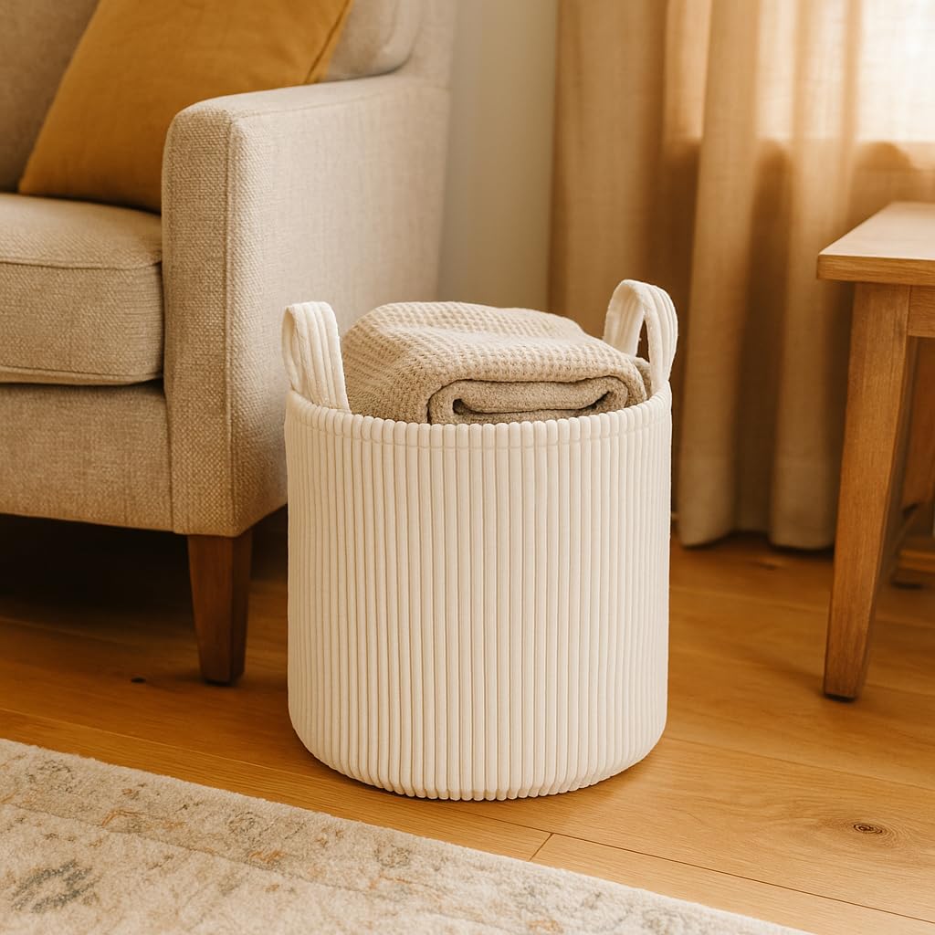 PUTSKA Blanket Basket round cream front view for organized toys and blankets