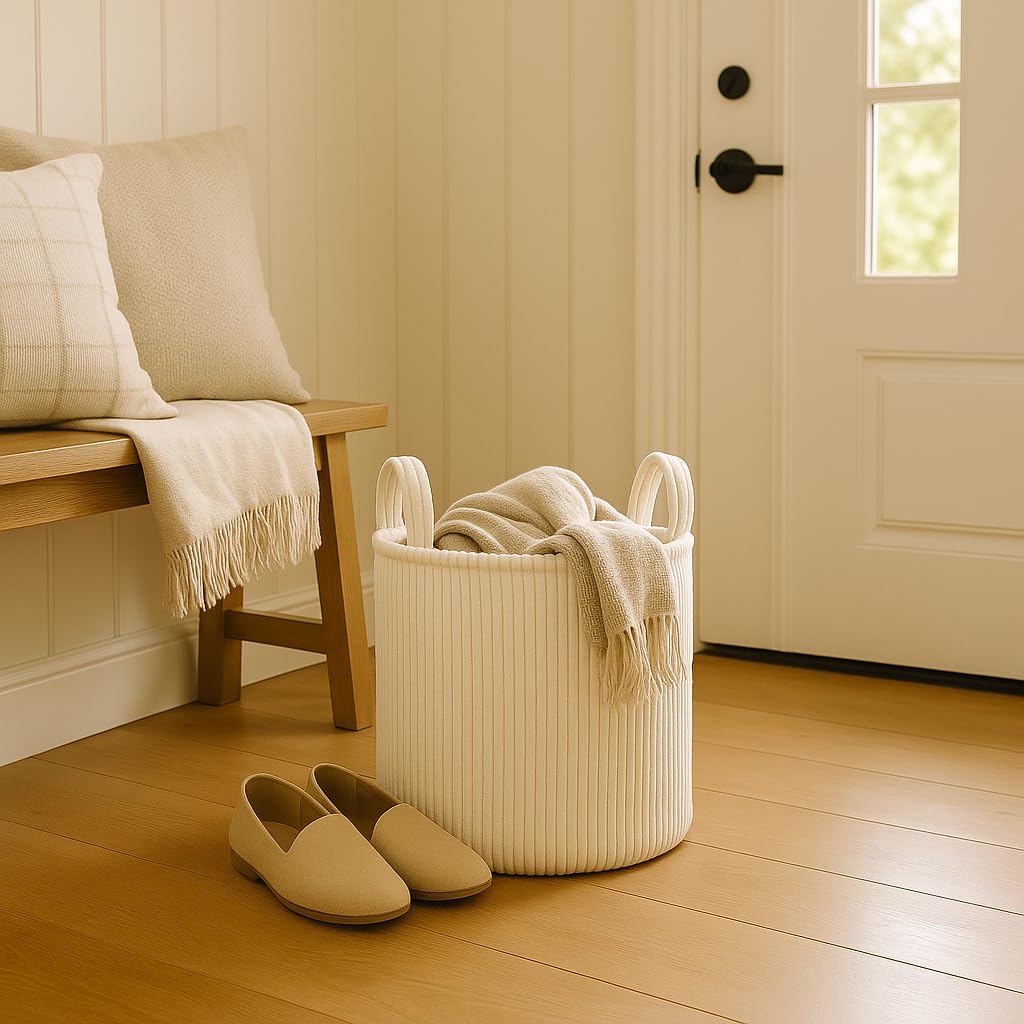 PUTSKA Blanket Basket cream round in nursery for tidy toy and blanket storage