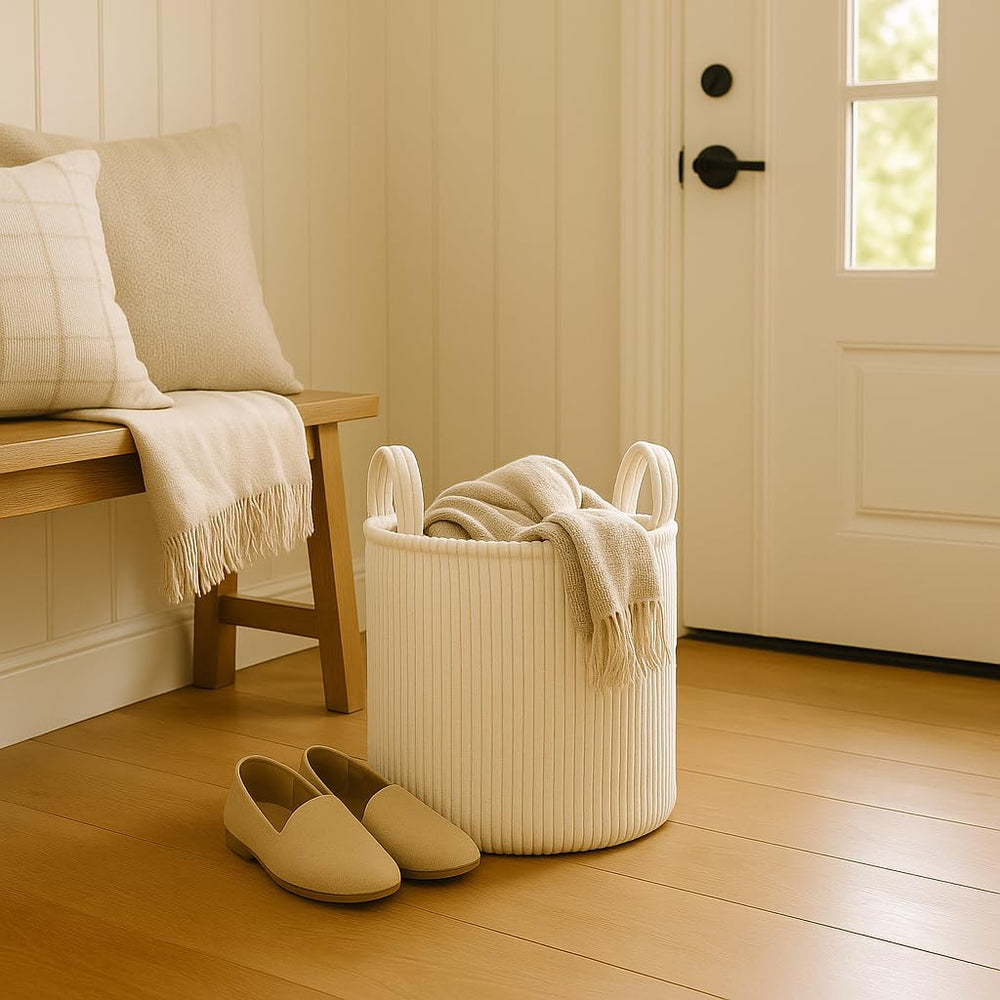 PUTSKA Blanket Basket cream round in nursery for tidy toy and blanket storage