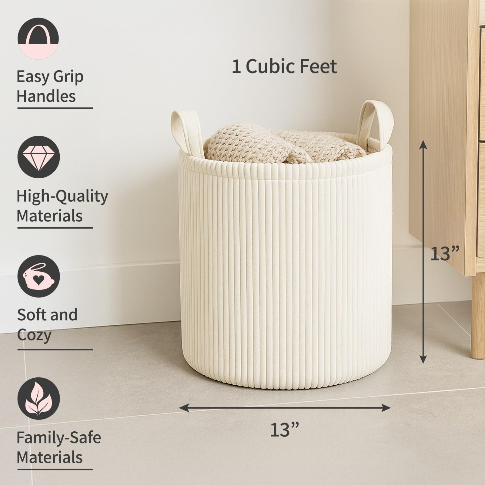 PUTSKA Blanket Basket round cream side view ideal for quick bedroom storage