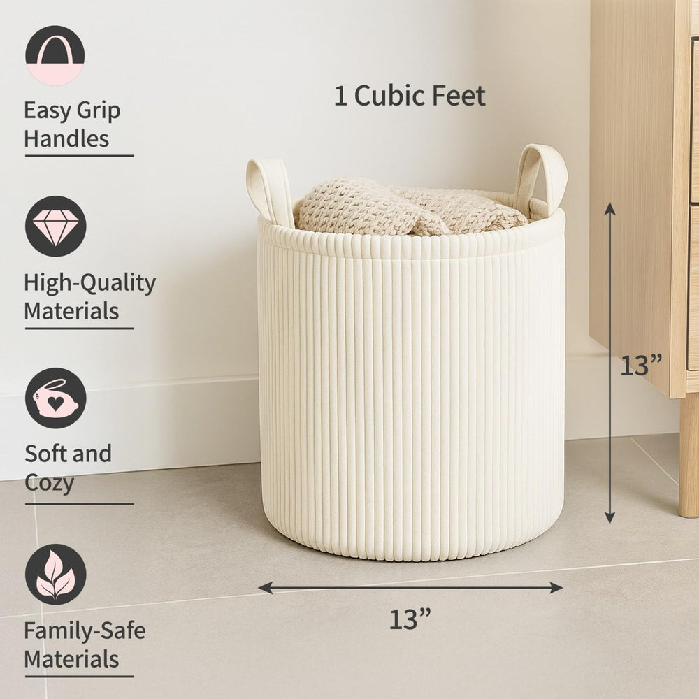 PUTSKA Blanket Basket round cream side view ideal for quick bedroom storage