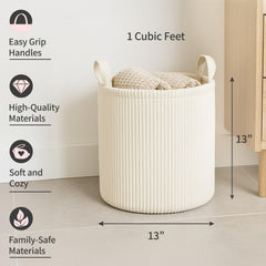 PUTSKA Blanket Basket round cream side view ideal for quick bedroom storage