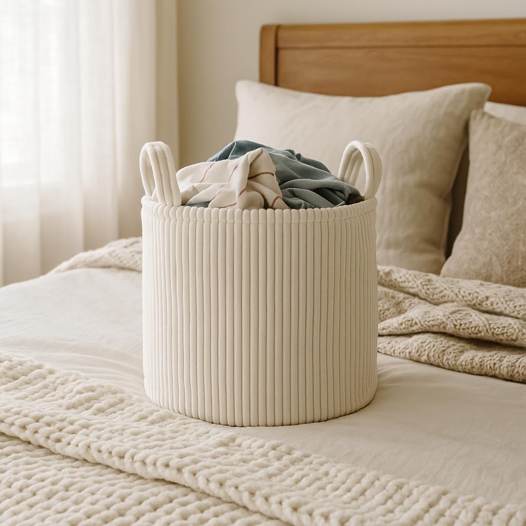 PUTSKA Blanket Basket round cream with pillows demonstrates versatile living room decor