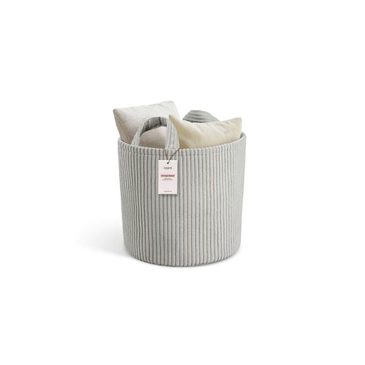 PUTSKA Blanket Basket round front view shows soft corduroy and versatile storage for nursery toy bins