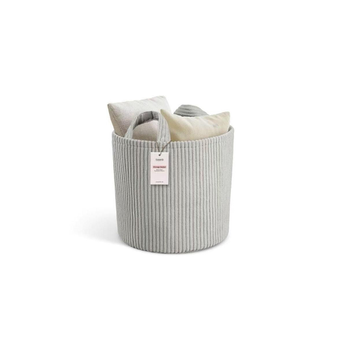 PUTSKA Blanket Basket round front view shows soft corduroy and versatile storage for nursery toy bins
