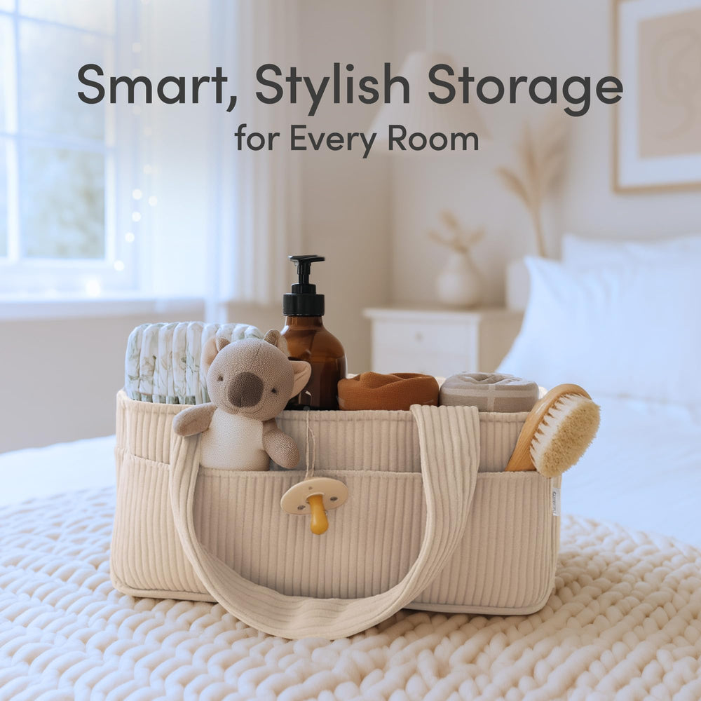 PUTSKA corduroy-cream diaper caddy showcases elegant nursery storage.