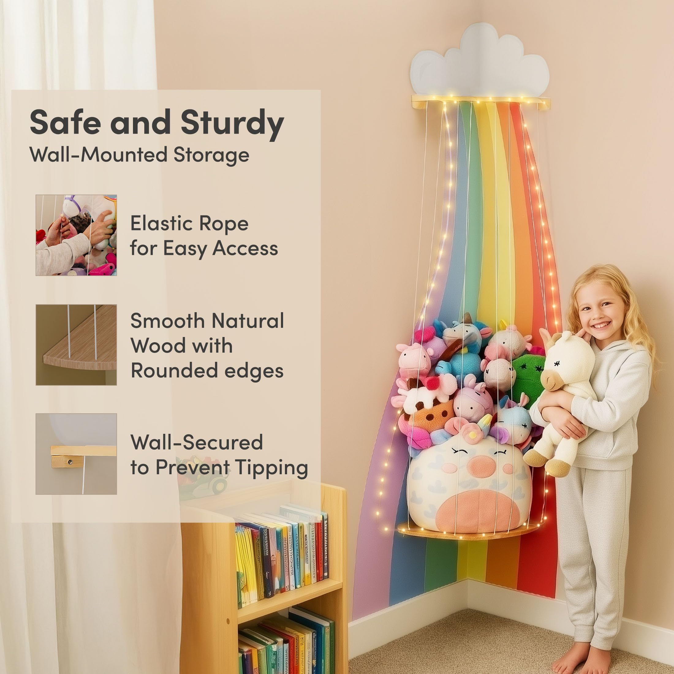 PUTSKA corner-stuffed-animal-storage kids-room rainbow mount demonstrates vertical space use.