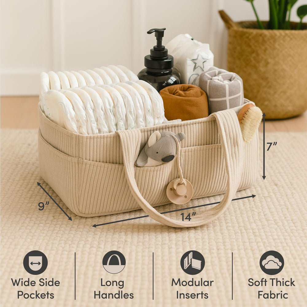PUTSKA diaper caddy external pockets provide easy access to essentials during changes.