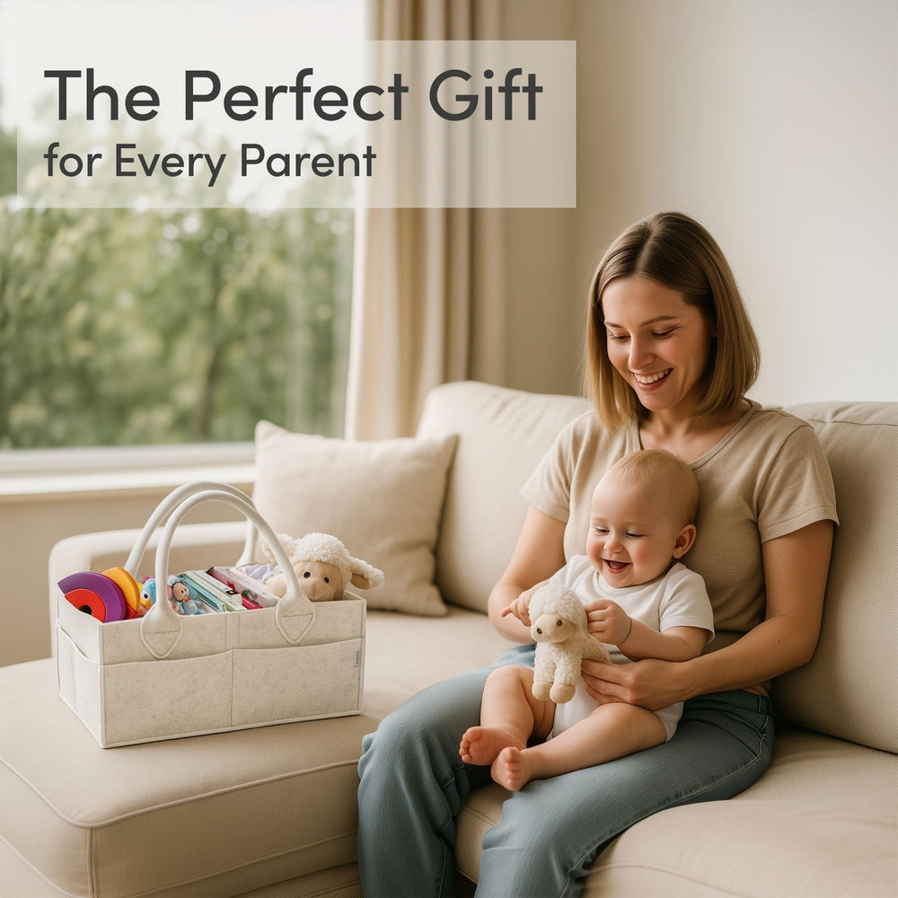 PUTSKA diaper caddy with long handles for easy carrying between rooms.