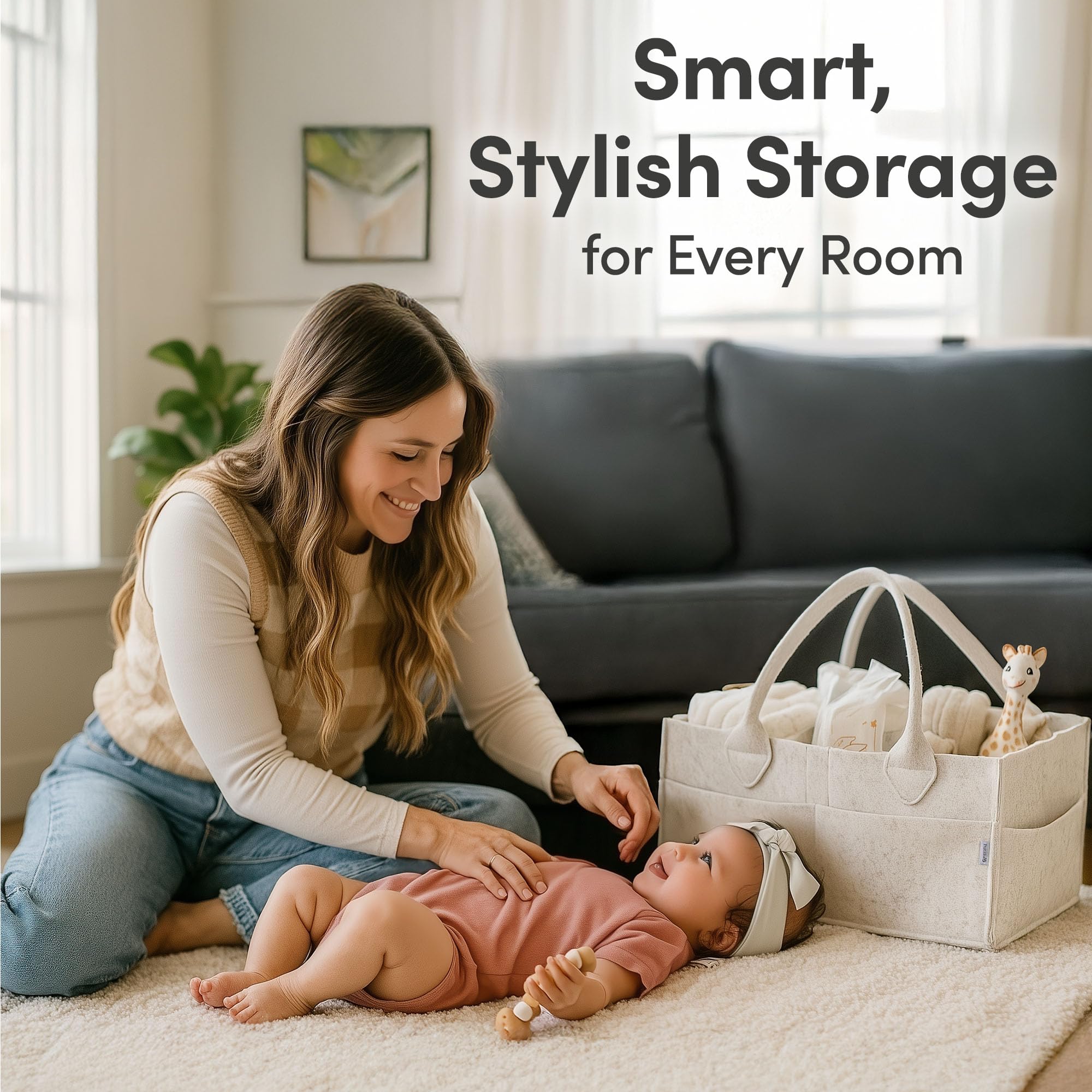 PUTSKA diaper caddy with six external pockets for quick diapering supplies.