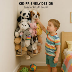 PUTSKA elastic cords and wood frame offer sturdy, adjustable plush storage.