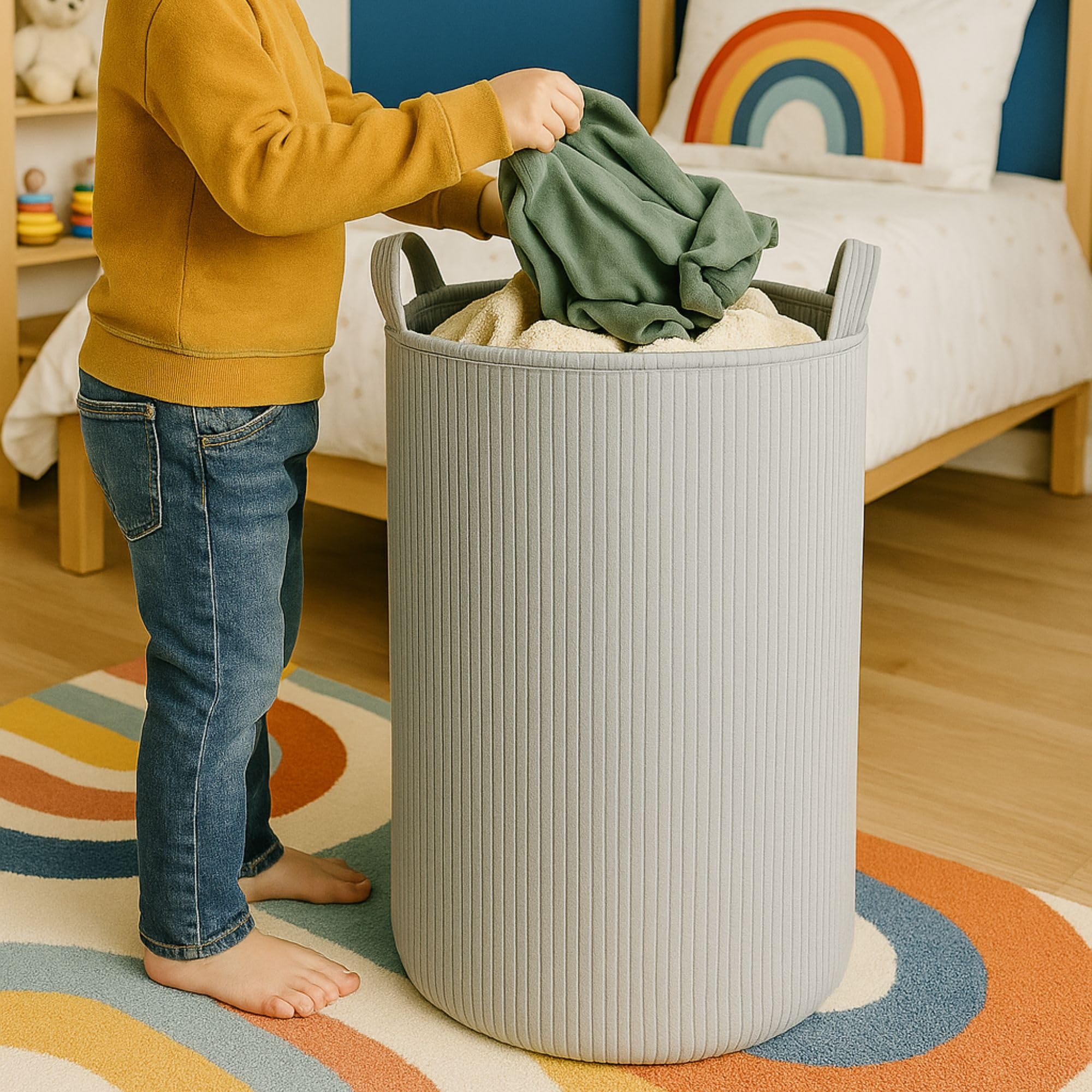 PUTSKA grey decor-friendly basket conceals clutter while adding style to a room.