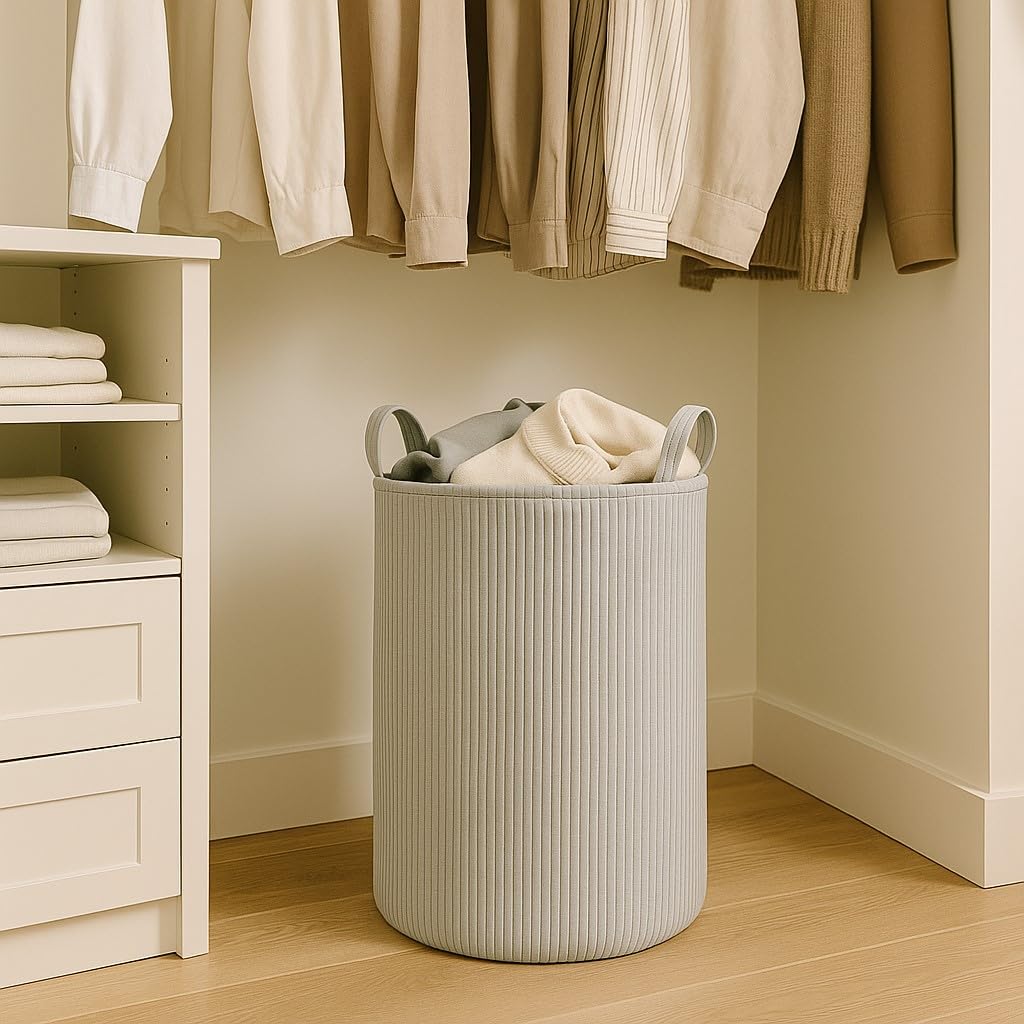 PUTSKA grey corduroy basket with blankets demonstrates roomy storage.