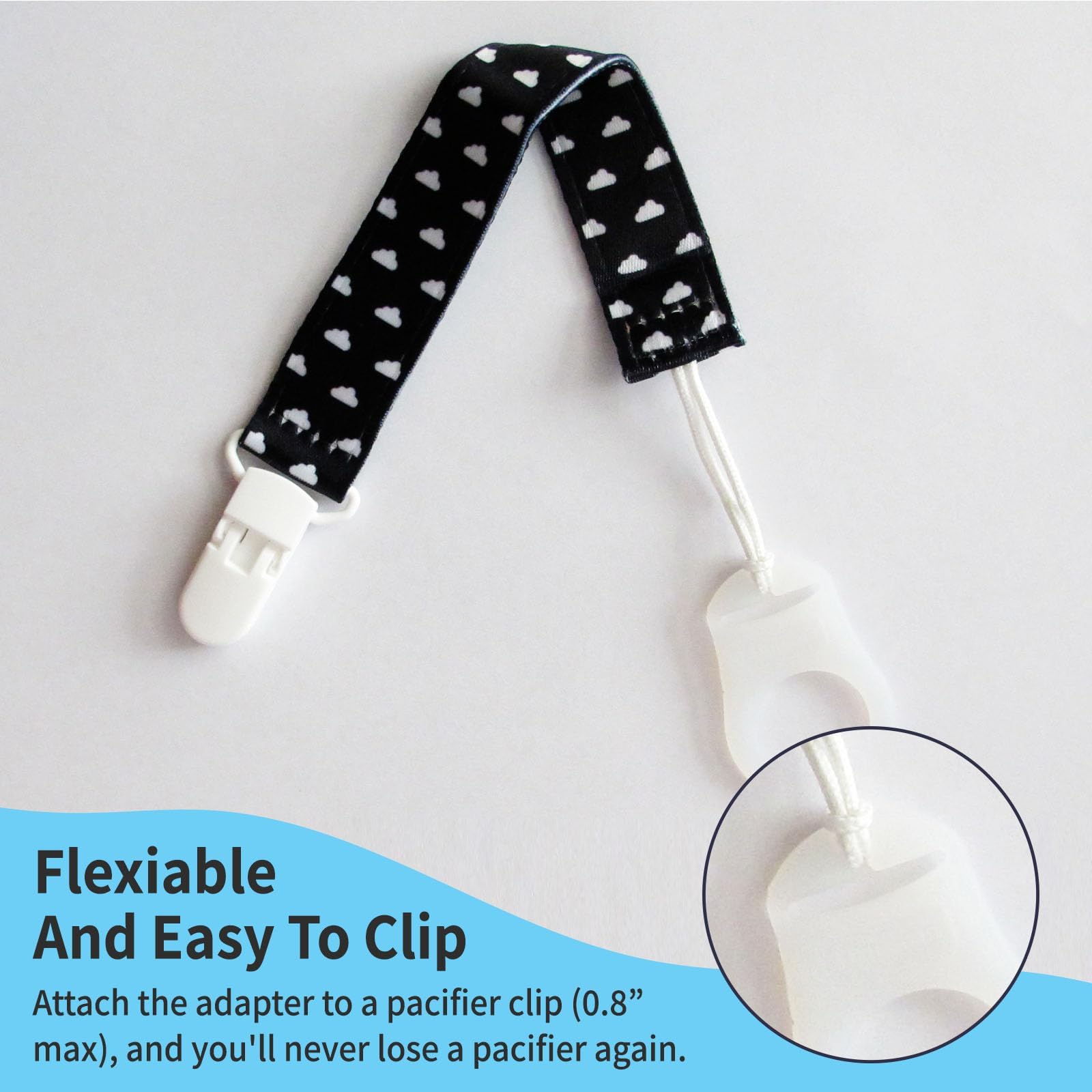 PUTSKA pacifier clip attachment in use with a compatible mam clip