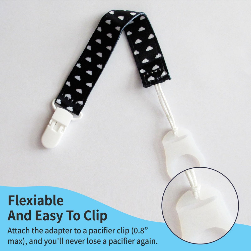 PUTSKA pacifier clip attachment in use with a compatible mam clip