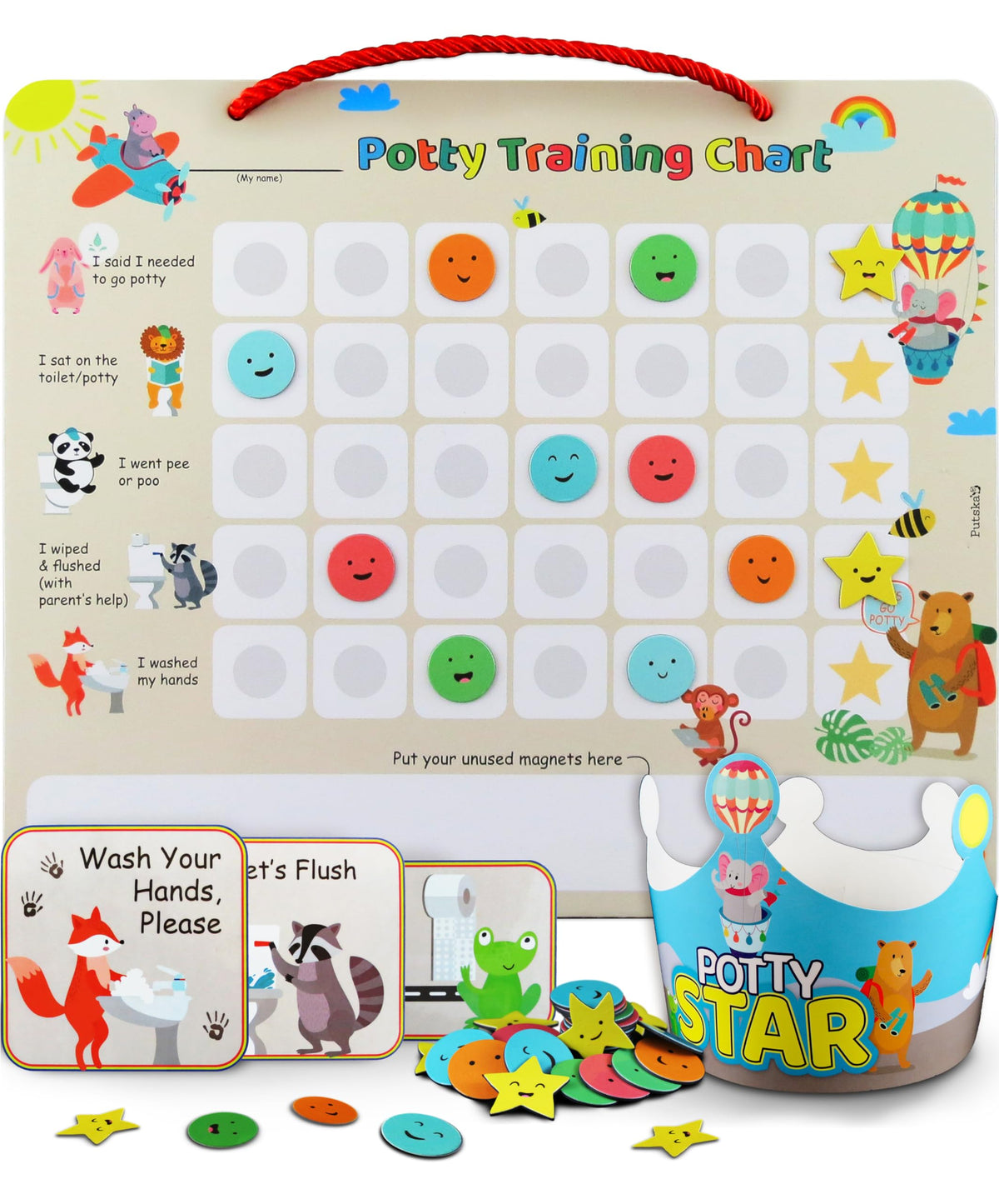 PUTSKA potty chart with zoo animal stickers supports independent potty training success.