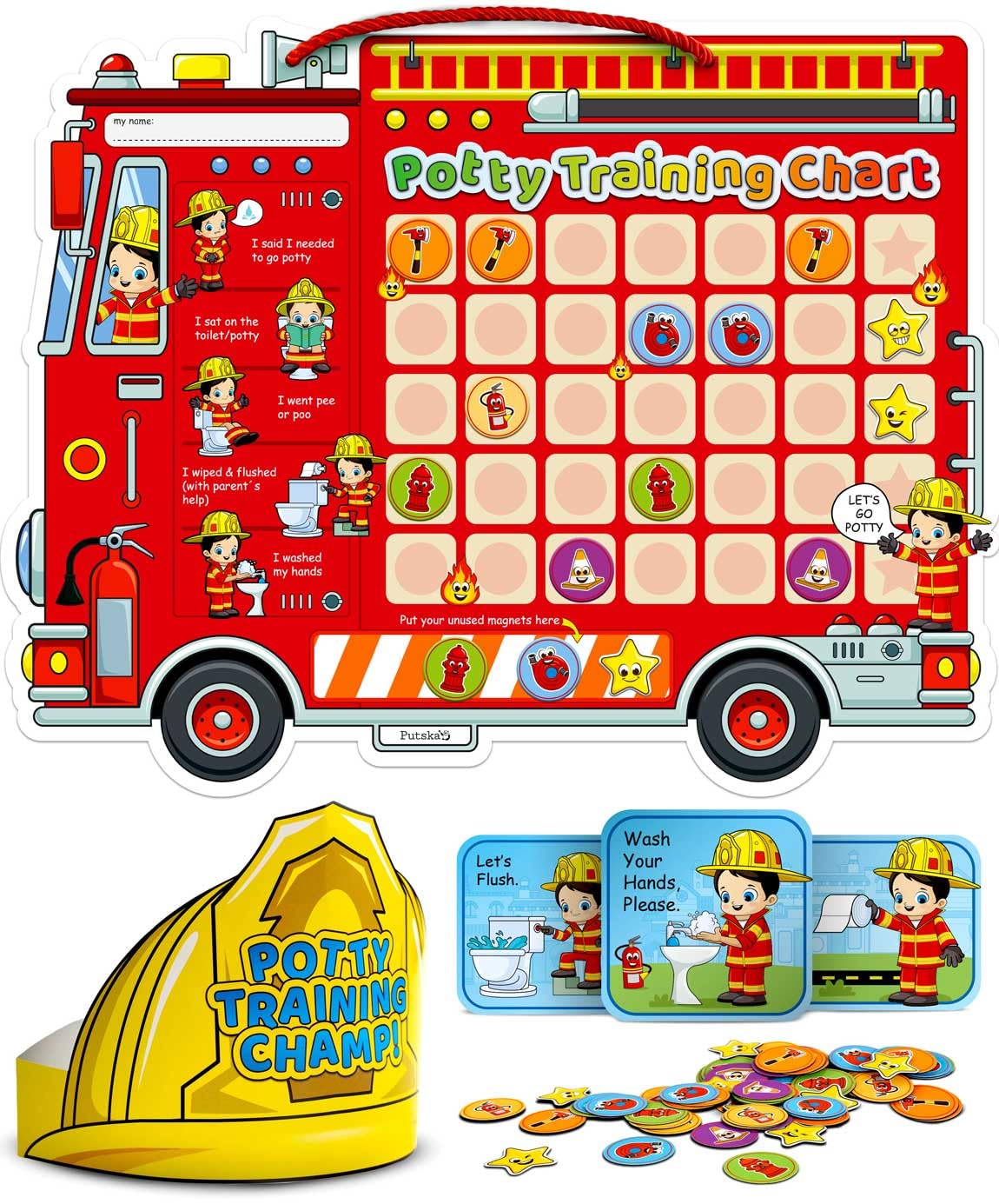 PUTSKA potty-training chart with 35 stickers shown on wall for daily motivation