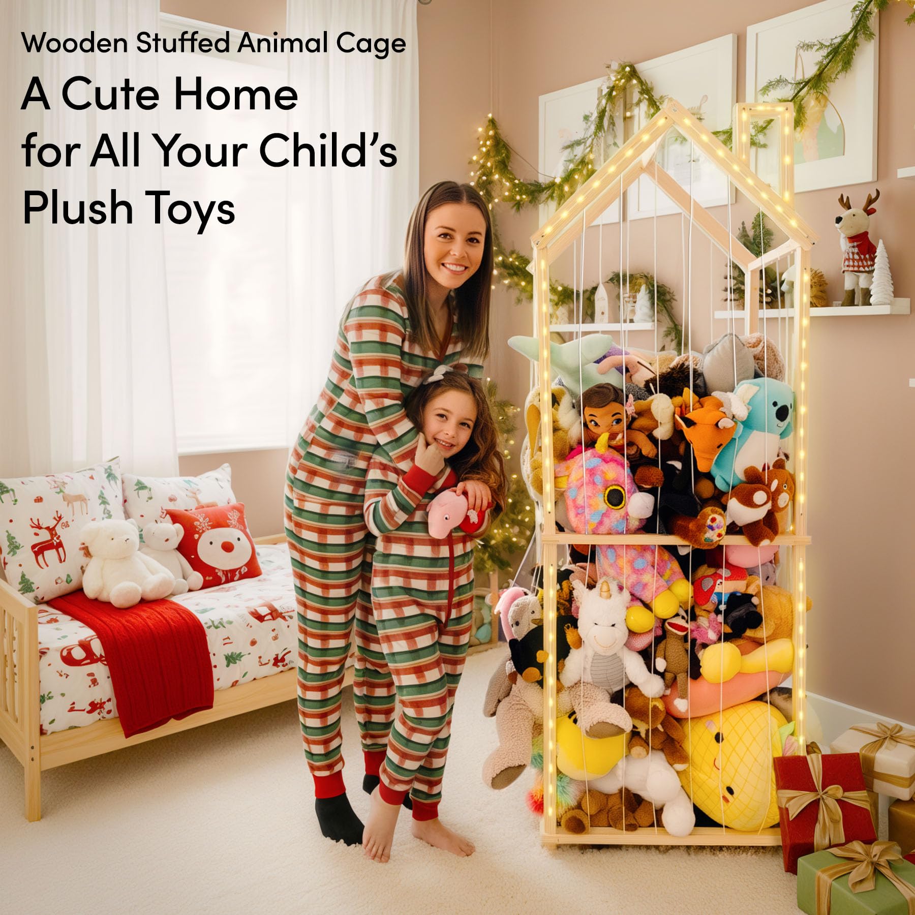 PUTSKA wooden stuffy storage interactive display highlights plushies when illuminated.