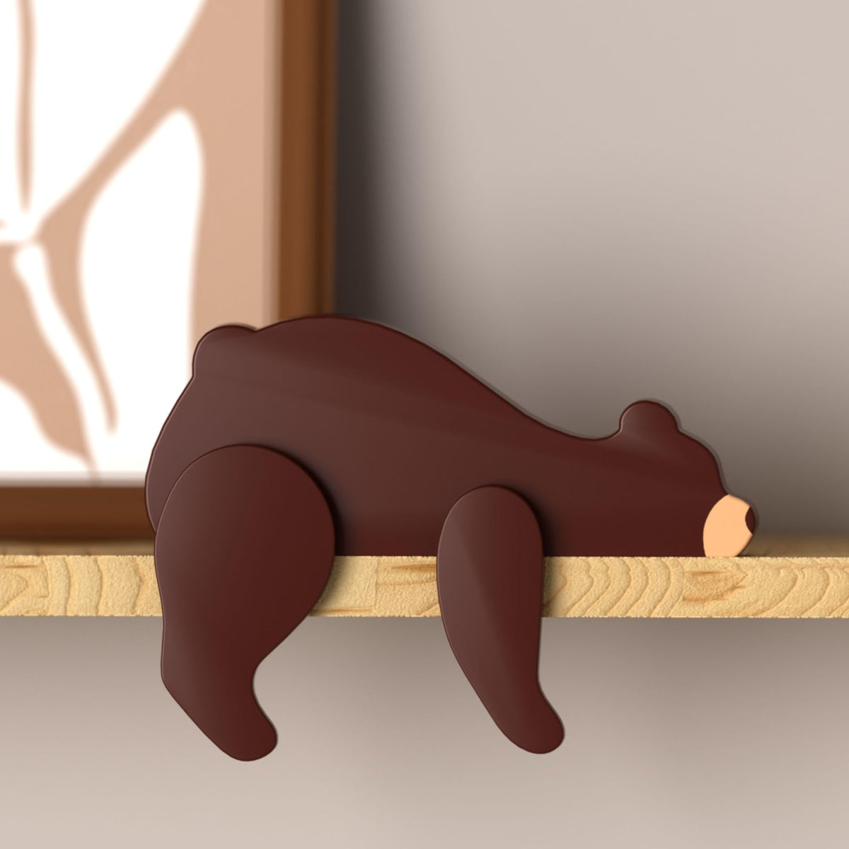 PUTSKA woodland bear decor on a shelf adds warm woodland charm to a nursery