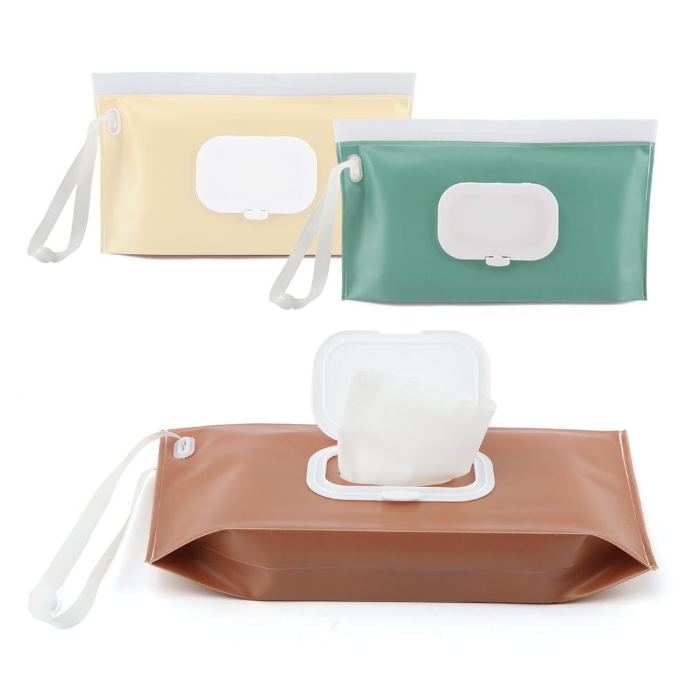PUXING 3-pack wipe dispenser ensemble in pink, brown, beige colors for travel-friendly diaper bag organization