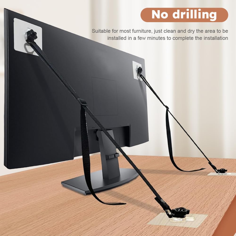 PUXING TV Safety Strap no-drill install shows clean wall with adhesive-free setup.