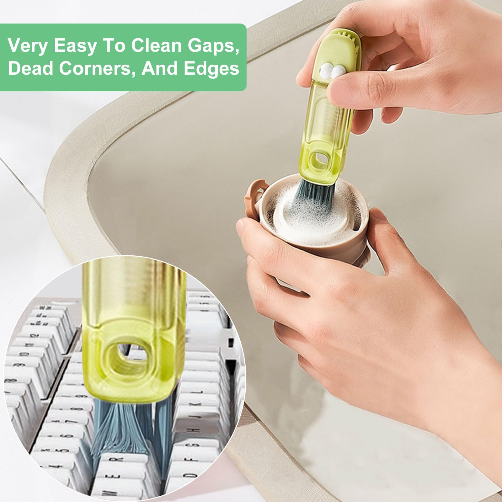 PWJGPPJV 3 in 1 cup lid cleaning brush soft U-shaped head demonstrates gap cleaning with gentle bristles