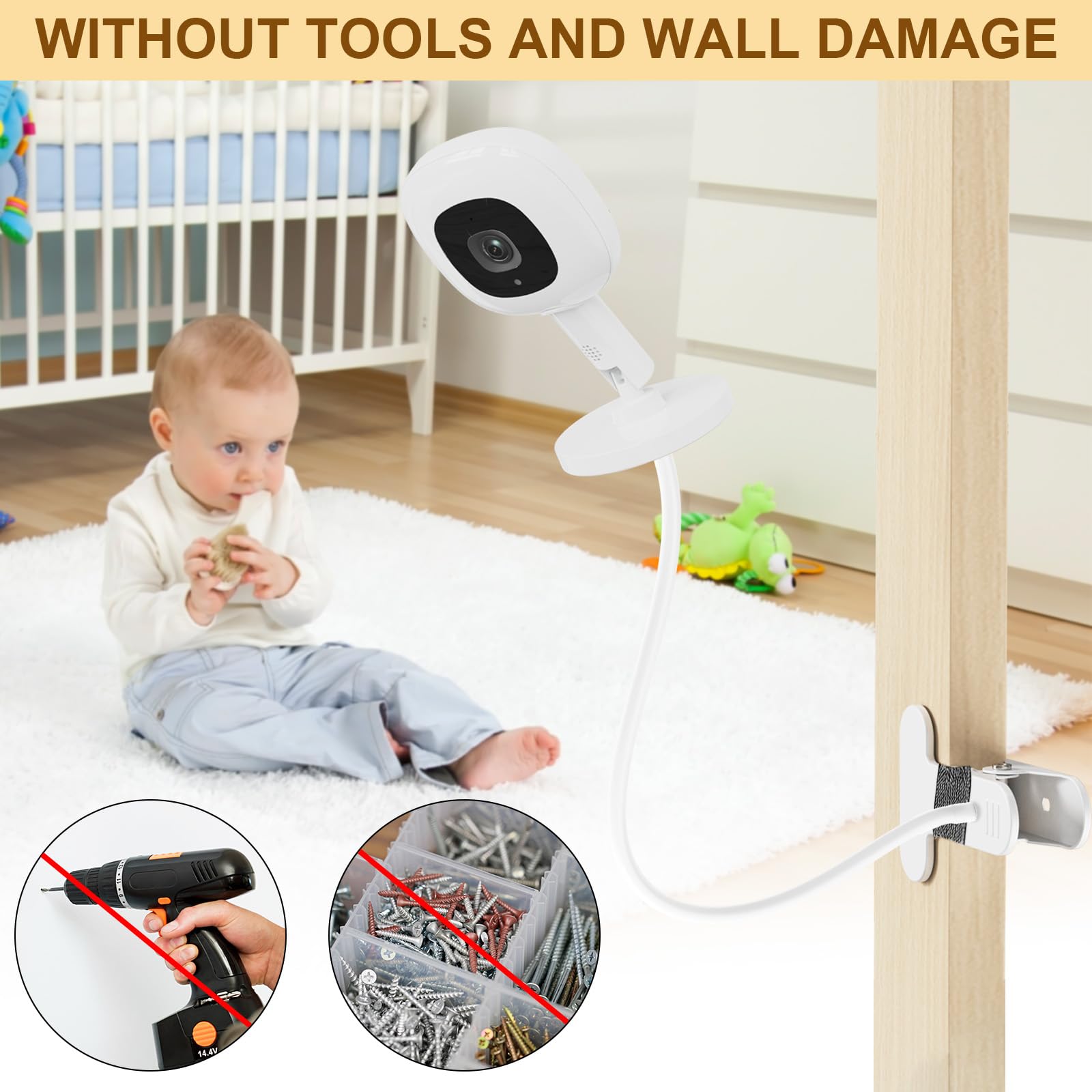 Crib, shelf, or desk attachment provides secure placement with Pyfhy mount