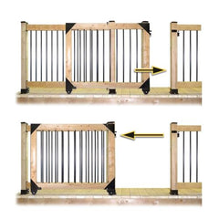 Pylex 11052-11070 deck installation demonstrates space-saving gate swing.
