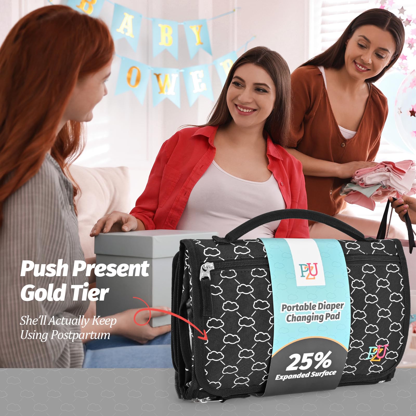 PZU changing pad in travel setup attached to car seat or stroller for quick changes
