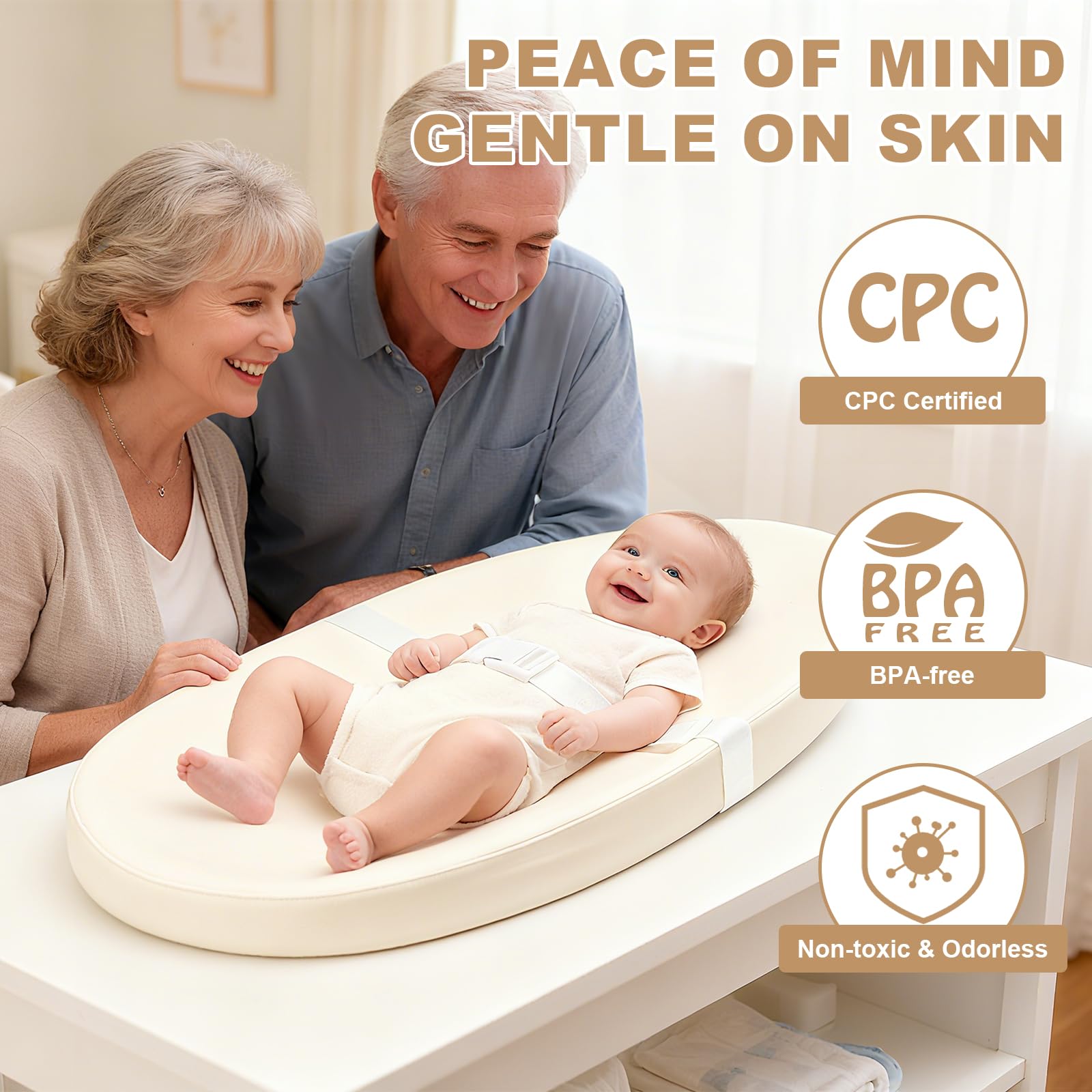 Qalvyn baby changing pad contoured foam cushion provides soft, skin-friendly support.