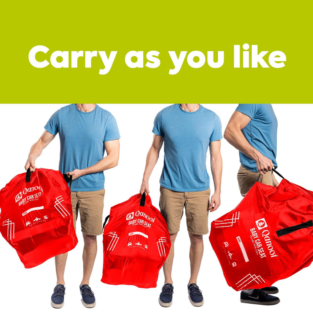 Qanoot car-seat bag folded-compact red demonstrates easy storage.