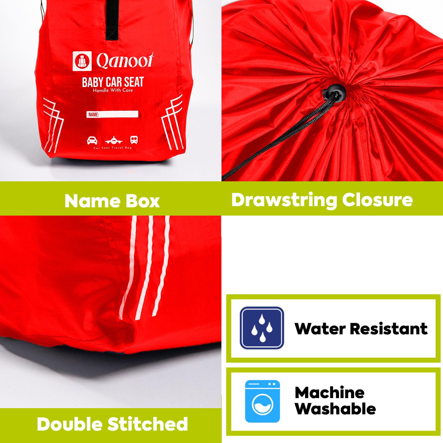 Qanoot car-seat travel bag side view highlights durable, weather-resistant fabric for flights.