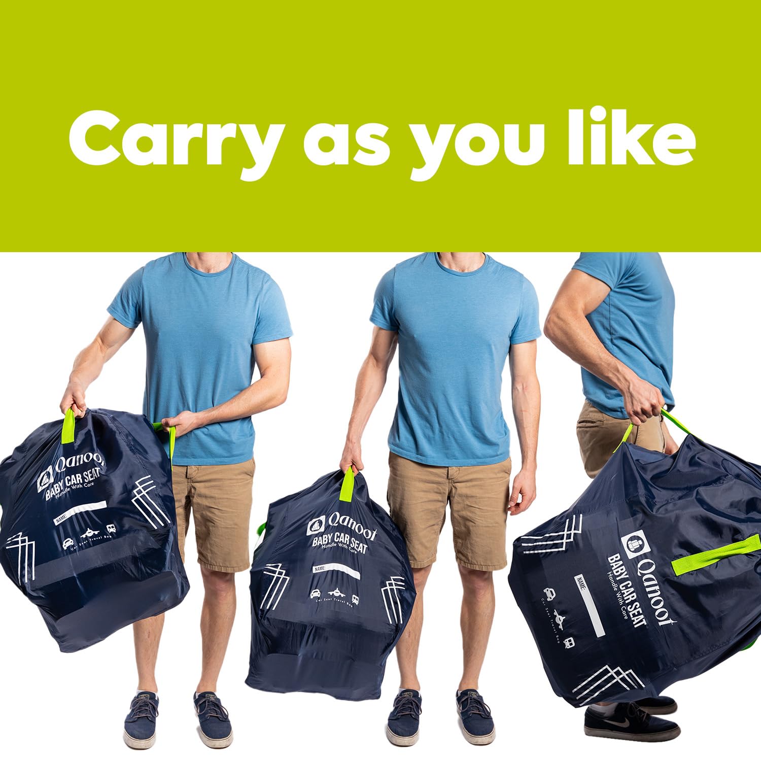 Qanoot travel bag on convertible car seat showing compatibility