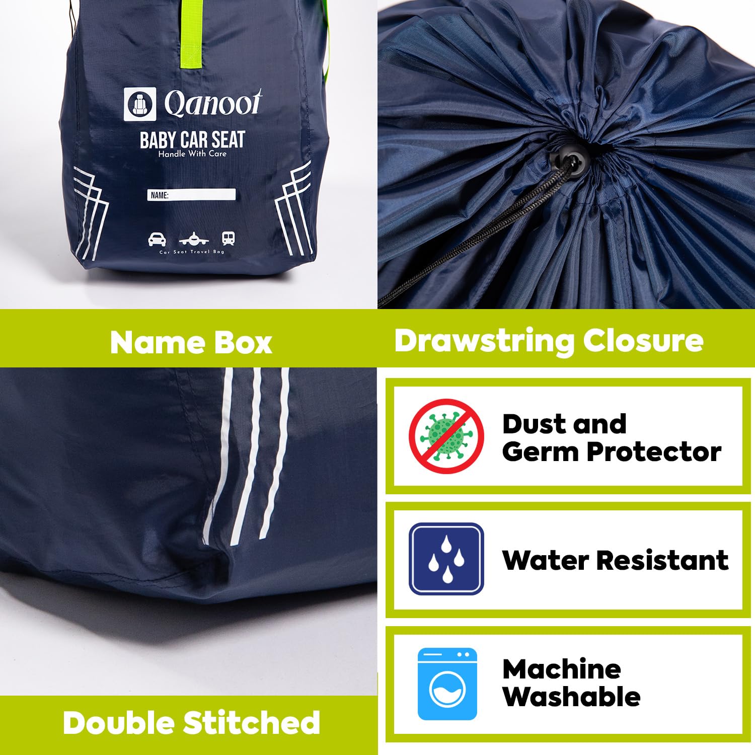 Qanoot travel bag on a car seat showing fit with infant carrier
