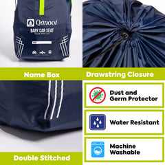 Qanoot travel bag on a car seat showing fit with infant carrier