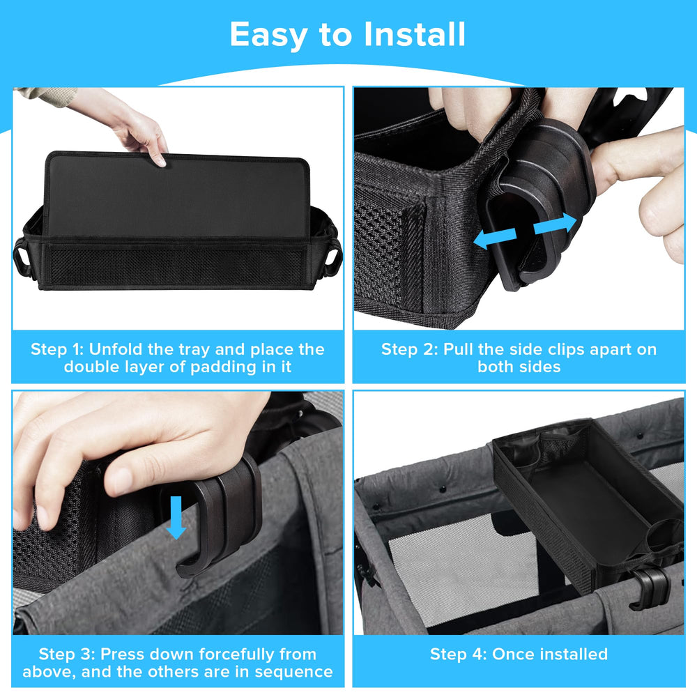 QAZWQAZ Stroller Snacks Tray W4 easy-to-install with four clips.