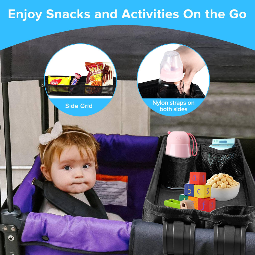 QAZWQAZ Stroller Snacks Tray W4 with mesh pockets for quick essentials.