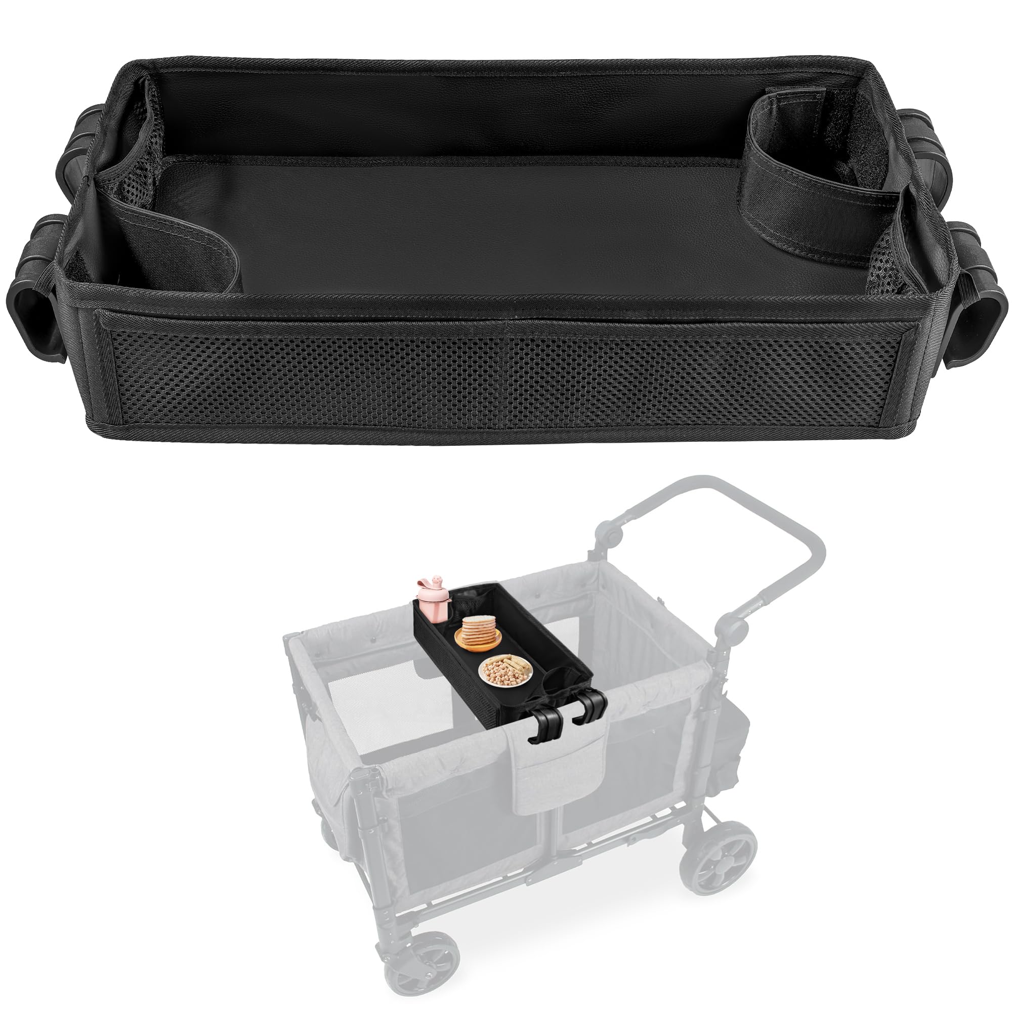 QAZWQAZ Stroller Snacks Tray W4 side view with two cup holders for on-the-go meals.