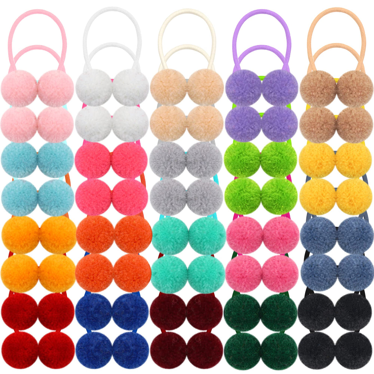 Qearl pom pom velvet hair ties closeup showing soft fluffy texture for kids.