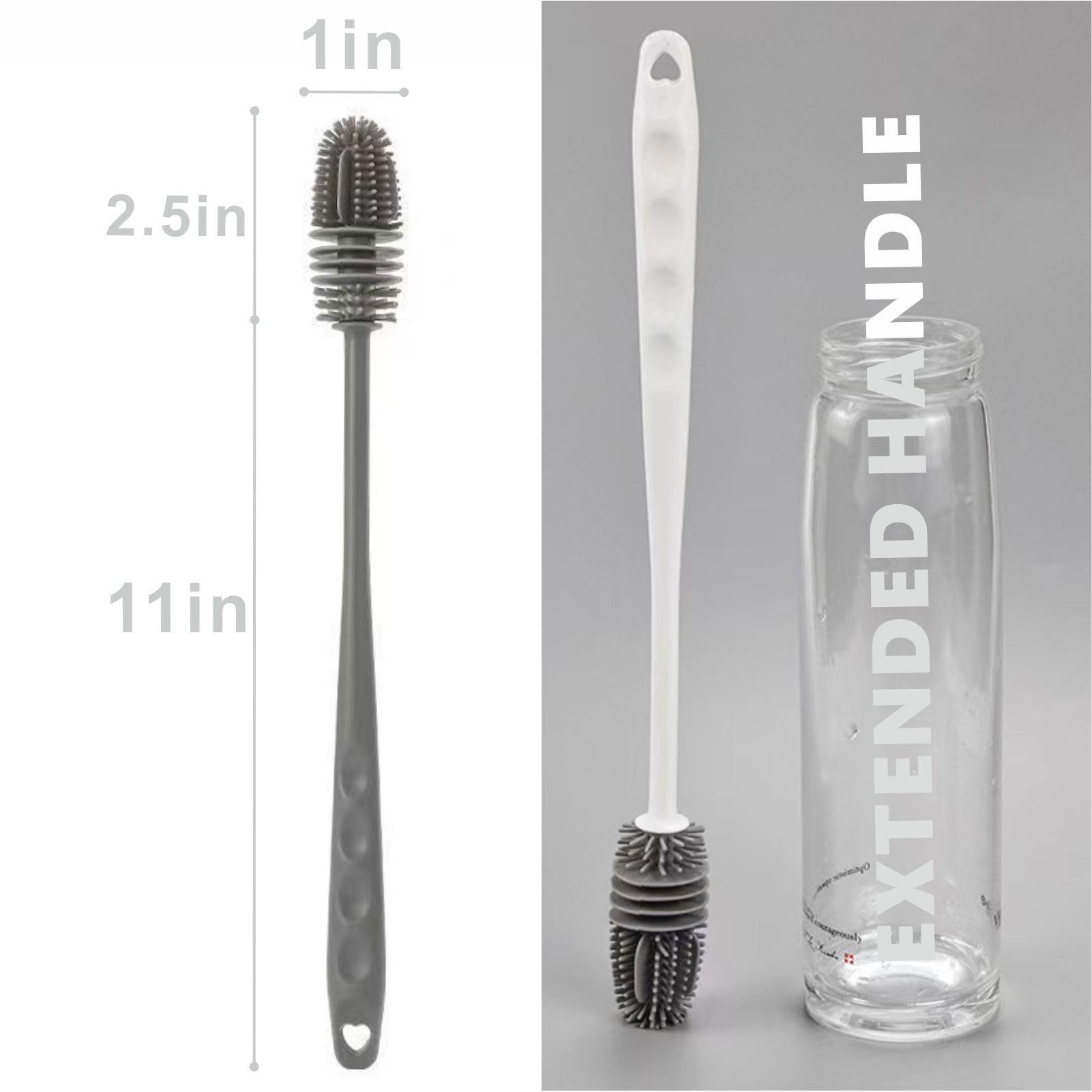 QEEGO brush shows deep-cleaning steel shaft reaching tall containers