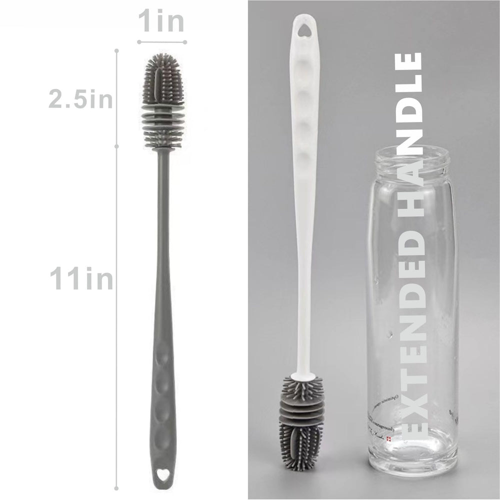 QEEGO brush shows deep-cleaning steel shaft reaching tall containers