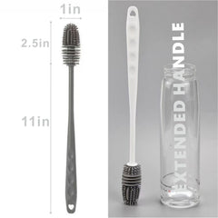 QEEGO brush shows deep-cleaning steel shaft reaching tall containers
